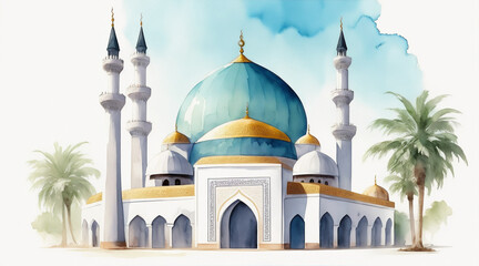 Wall Mural - A watercolor painting of a mosque. Generative AI.