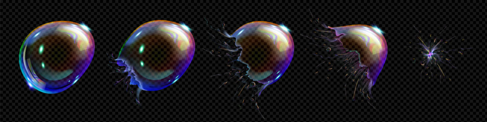 Poster - Soap bubble burst. 3d effect of water balloon explosion. Animation sprite sheet of burst sequence of transparent liquid sphere with iridescent reflection, vector realistic set