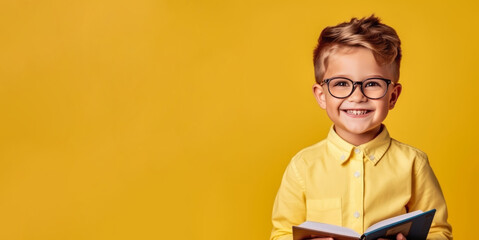 Wall Mural - Portrait of a cute smart  little boy in eyeglasses holding a book and smiling over yellow background. Study and knowledge concept.