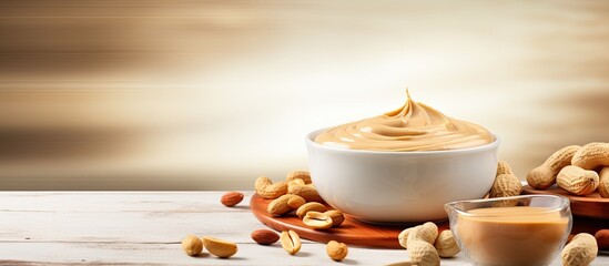 Wall Mural - A small bowl of creamy peanut pasta, along with a bowl of peanut butter and peanuts, is placed on a table with a copy space background.