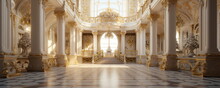 A Classic Extravagant European Style Palace Room With Gold Decorations. Realistic Illustration. Wide Format, Hand Edited Generative AI. 