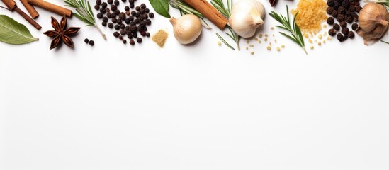 Poster - The background of the photo shows a top view of dry spices such as ginger, garlic, rosemary, and laurel leaf on a white background. copy space available.