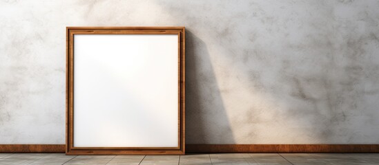Poster - A vintage wooden frame is placed on a white cement wall and black marble floor with a shadow in the background. empty space available for mock-ups and templates.