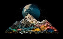Futuristic Collage Of Colorful Mountains, Moon And Planets On A Black Sky. AI Generated