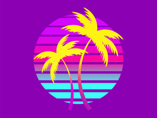 Wall Mural - Tropical palm trees at sunset in a futuristic 80s style. Summer time, silhouettes of palm trees in synthwave and retrowave style. Design of advertising booklets and banners. vector illustration