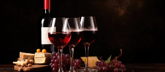Poster - Glasses of wine with grapes and corks on a dark background, with room for text.