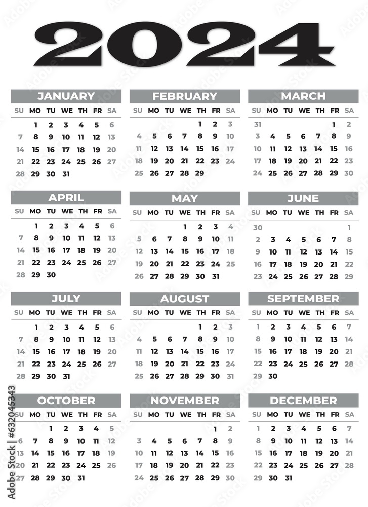 2024 Sunday Start Vertical Black and White Calendar Template, Simple ...