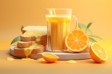 Zumo de naranja con desayuno de tostadas, brunch con fruta y pan sobre fondo naranja con colores pastel