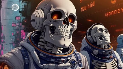 Wall Mural - Undead astronaut in a spacesuit with flowers, surrealistic animation. Forgotten person, skeleton in spacesuit illustrations, transformations and metamorphose. AI generated video