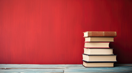 Poster - Stack of books on wooden table against a red background. Created with Generative AI technology.