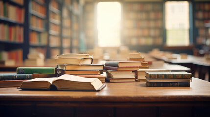 Poster - open book in front of piles of books on library background.created with generative ai technology.