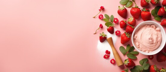 Aufkleber - flatlay composition of ingredients and utensils for creating a homemade strawberry pie, featuring dough preparation on a pink background with available space for text.