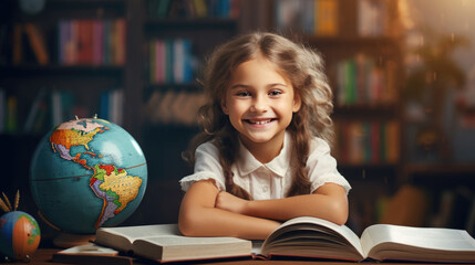 Little schoolgirl smiling while sitting in front of books against a book shelf background. Created with Generative AI technology.