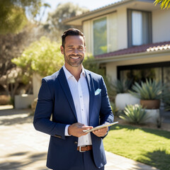 Wall Mural - Real estate agent in front of a house. Generative AI.