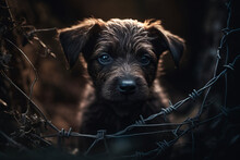 Touching Image Of A Frightened Puppy Stuck In Barbed Wire And Brambles Showing Raw Emotion And Vulnerability. Ideal For Campaigns About Animal Rescue Or Welfare Awareness. Generative AI