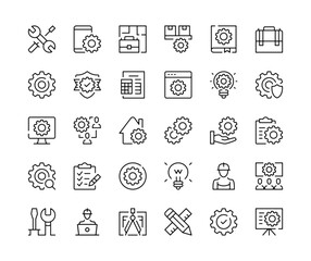 Poster - Engineering icons. Vector line icons set. Manufacturing, construction industry concepts. Black outline stroke symbols