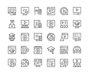 Poster - Video tutorials icons. Vector line icons set. Online learning, online education concepts. Black outline stroke symbols