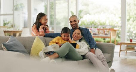 Poster - Happy, talking and a family with a tablet for a cartoon, online movie or games in the living room. Laughing, together and parents with children and technology in a house for streaming a film or show