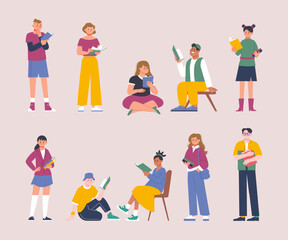 Wall Mural - Students holding textbooks. Teen boys reading books, cartoon young adults in college or university. Teenager read book, casual splendid vector characters