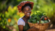 African American woman holds a basket with a harvest of various vegetables.