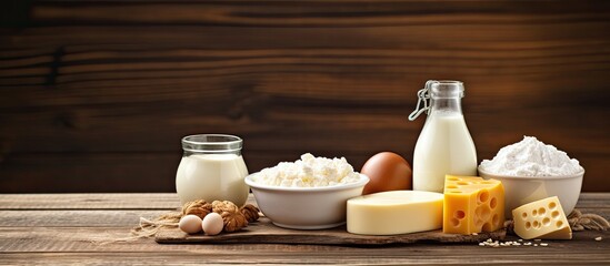 Aufkleber - Different types of dairy products including milk, cheese, cottage cheese, sour cream, and eggs are displayed in front of a wooden background, with copy space available.
