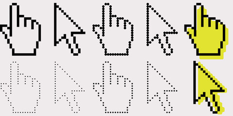 Fototapete - Cursor and hand, pixel options. Set of cursor and hand, dotted, pixelated, filled.