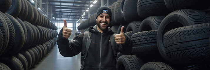 A tire worker gives a thumbs up for a sustainable life.