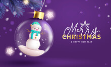 Christmas Ball Crystal Vector Design. Merry Christmas Greeting Text With Snow Man Character In Hanging Glass Bauble In Purple Background. Vector Illustration For Xmas Holiday Celebration.