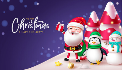 Merry chritsmas text vector design. Christmas santa claus, penguin and snow man characters in magical elegant background. Vector illustration holiday season greeting card.