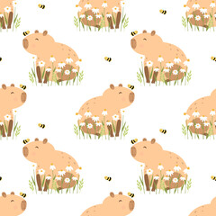 Wall Mural - Funny smile capybara with flowers and a bee