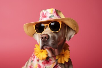 Wall Mural - Labrador dog wearing sunglasses on the beach. Generative AI