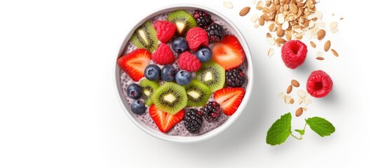 Poster - A plant-based diet concept featuring a vegan smoothie bowl with chia pudding, berries, and granola, presented in a coconut shell on a white background. Top view with copy space.