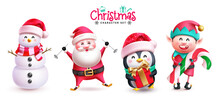 Christmas Characters Set Vector Design. Christmas Character Like Santa Claus, Snow Man, Penguin And Reindeer For Holiday Season Celebration. Vector Illustration Cartoon Characters Collection.
