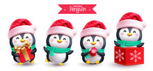 Christmas Penguins Characters Set Vector Design. Penguins Christmas Character In Happy, Smiling Cute Face Isolated In White Background. Vector Illustration Penguin Character Winter Collection. 
