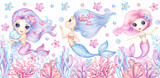 Fototapeta Dziecięca - Cute little  Mermaids seamless border. Magical fairytale watercolor seamless pattern for nursery wallpaper, fabric print, children books, kids textile