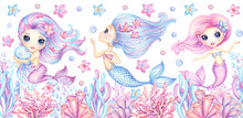 Cute Little  Mermaids Seamless Border. Magical Fairytale Watercolor Seamless Pattern For Nursery Wallpaper, Fabric Print, Children Books, Kids Textile