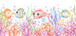 Cute sea fish seamless border. Watercolor pattern of underwater life of colorful marine fishes in corals and seaweed. Perfect for nursery wallpaper, kids wrapping, baby fabric and childrens clothes