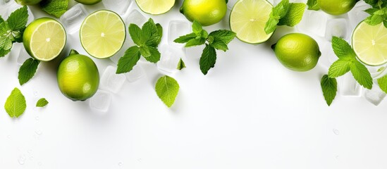 Poster - Mojito cocktail photographed from above on a light background with ice, mint, and lime, with space for text.