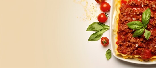 Poster - Italian Restaurant Banner. A view from above of a lasagna dish filled with vegetables, minced meat, cheese Bolognese, and bechamel sauce. The banner includes a menu, recipe, and ample space for text.