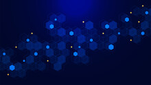 Abstract Molecular Structure With Hexagons For Big Data Visualization, Global Network Connection And Communication Technology Background.