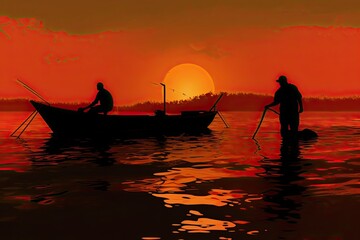 Wall Mural - Silhouettes fishing at sunset 4