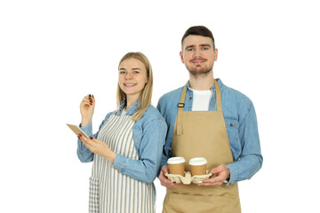 PNG, Young waiter and waitress isolated on white background