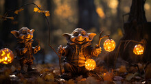 Goblins And Fairies Collaborate To Harvest Magical Pumpkins, Each Glowing With A Unique Incandescent Light That Adds A Surreal Charm To The Scene Generative AI