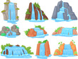 Cartoon waterfalls. Natural scenic waterfall with water streams falls from cliff or mountain river cascade for travel tourist vacation in tropical jungle, neat vector illustration
