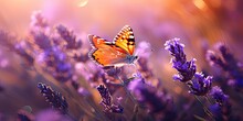 Purple Lavender Fields In Summer. Beautiful Nature Landscape With Flowers In Outdoor Meadow. Colorful Butterfly And Wildflower