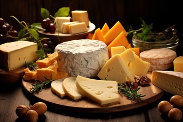 Delicious pieces of cheese on the wooden plate. Close-up