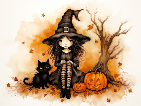 Cute little witch with black cat and pumpkins, happy Halloween