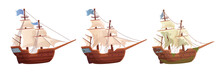 Shipwrecked Ships. Wrecked Ship, Broken Pirate Boat Battleship Or Sunken Underwater Travel Adventure Sailboat, Sea Shipwreak Of Old Wood Sail Galleon, Ingenious Vector Illustration