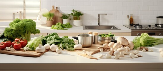 Aufkleber - Fresh vegetables and mushrooms placed on a white table in a modern kitchen. Text can be added.