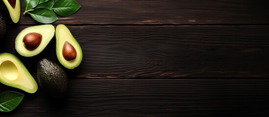 Aufkleber - Dark wooden table with a flat lay of whole and sliced avocados. ample space for text.